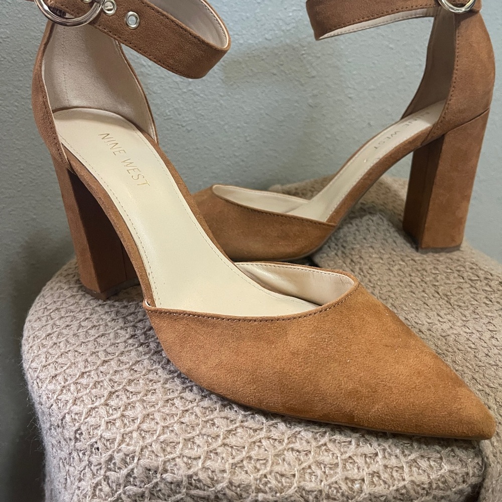 Nine West Tan Suede Pointed Block Heel Sandals